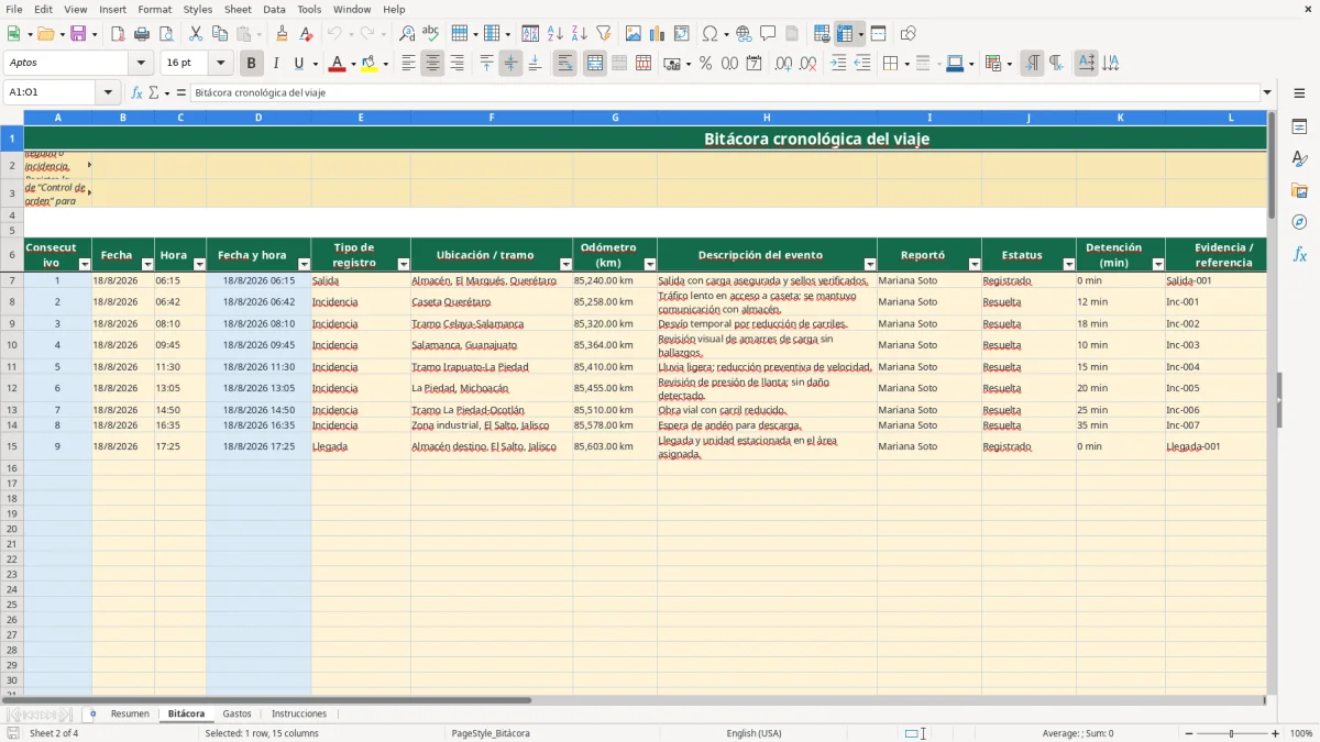 Vista previa de la hoja Bitácora del archivo Bitácora de viaje de carga en Excel Gratis