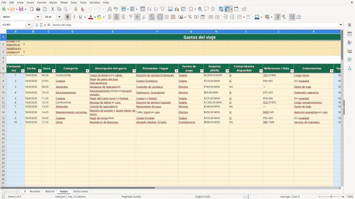 Vista previa de la hoja Gastos del archivo Bitácora de viaje de carga en Excel Gratis