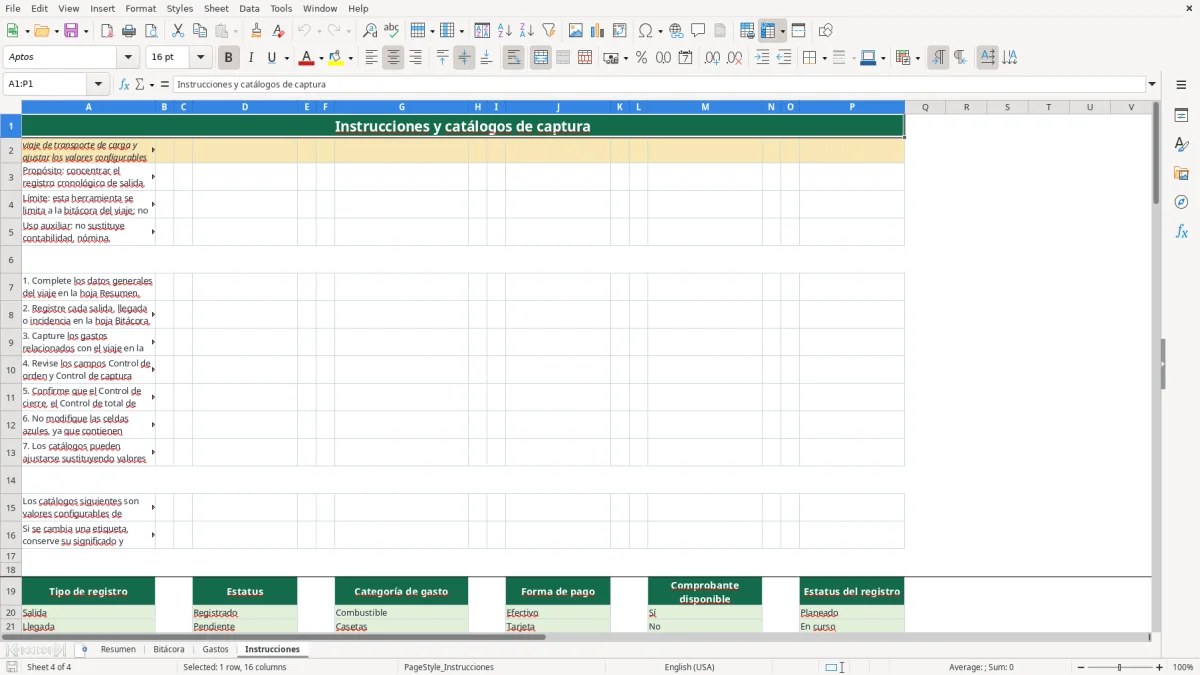 Vista previa de la hoja Instrucciones del archivo Bitácora de viaje de carga en Excel Gratis