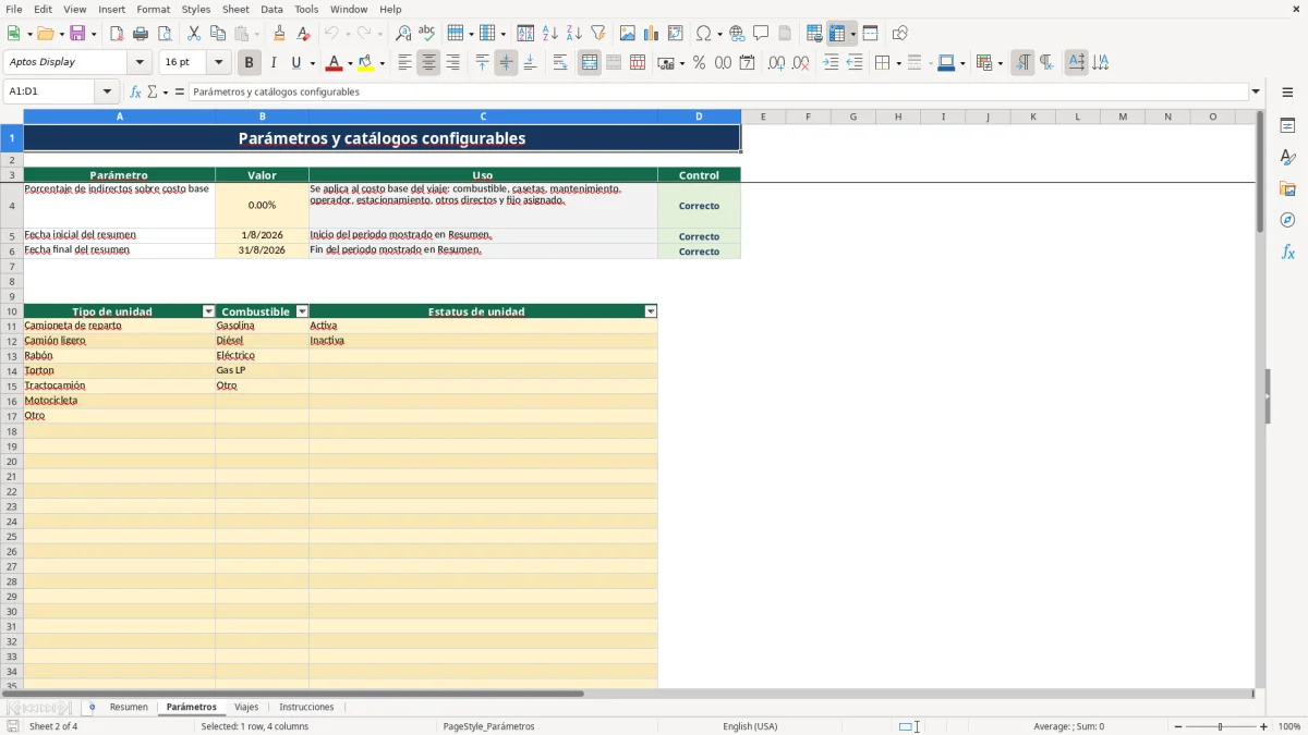 Vista previa de la hoja Parámetros del archivo Calculadora de costos de transporte en Excel Gratis