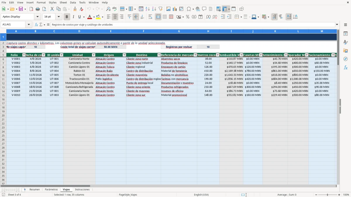 Vista previa de la hoja Viajes del archivo Calculadora de costos de transporte en Excel Gratis