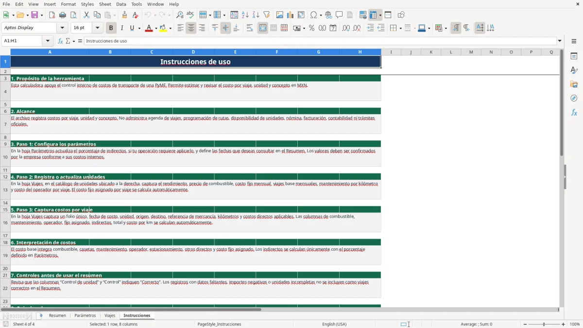 Vista previa de la hoja Instrucciones del archivo Calculadora de costos de transporte en Excel Gratis
