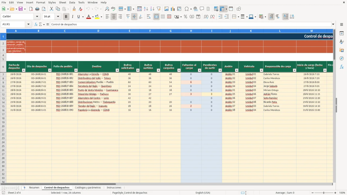 Vista previa de la hoja Control de despachos del archivo Control de despachos en Excel Gratis
