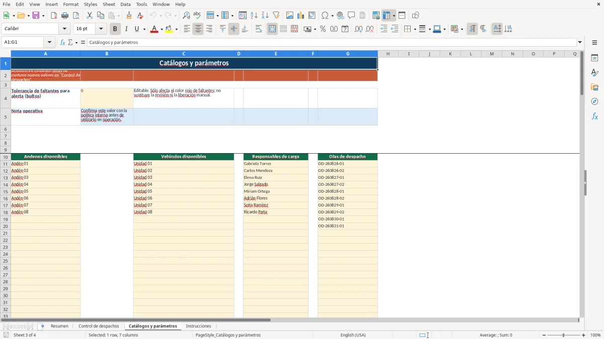 Vista previa de la hoja Catálogos y parámetros del archivo Control de despachos en Excel Gratis