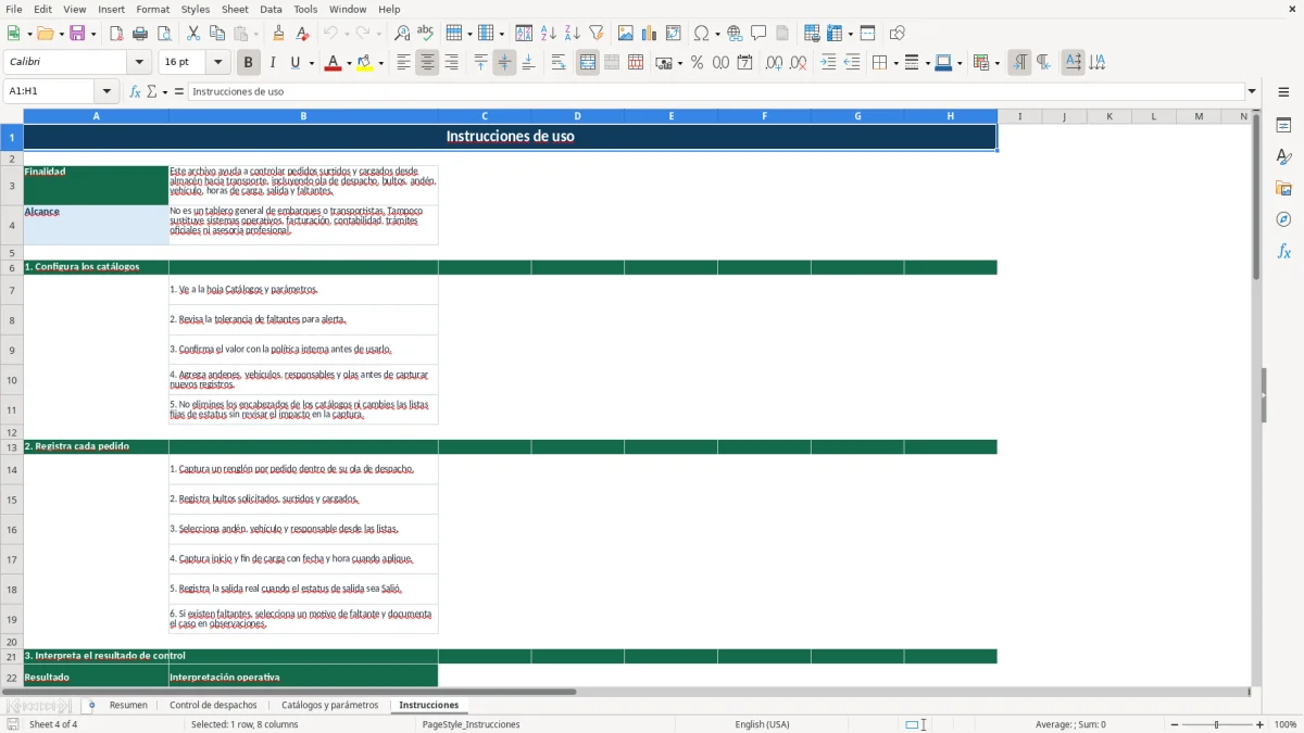 Vista previa de la hoja Instrucciones del archivo Control de despachos en Excel Gratis