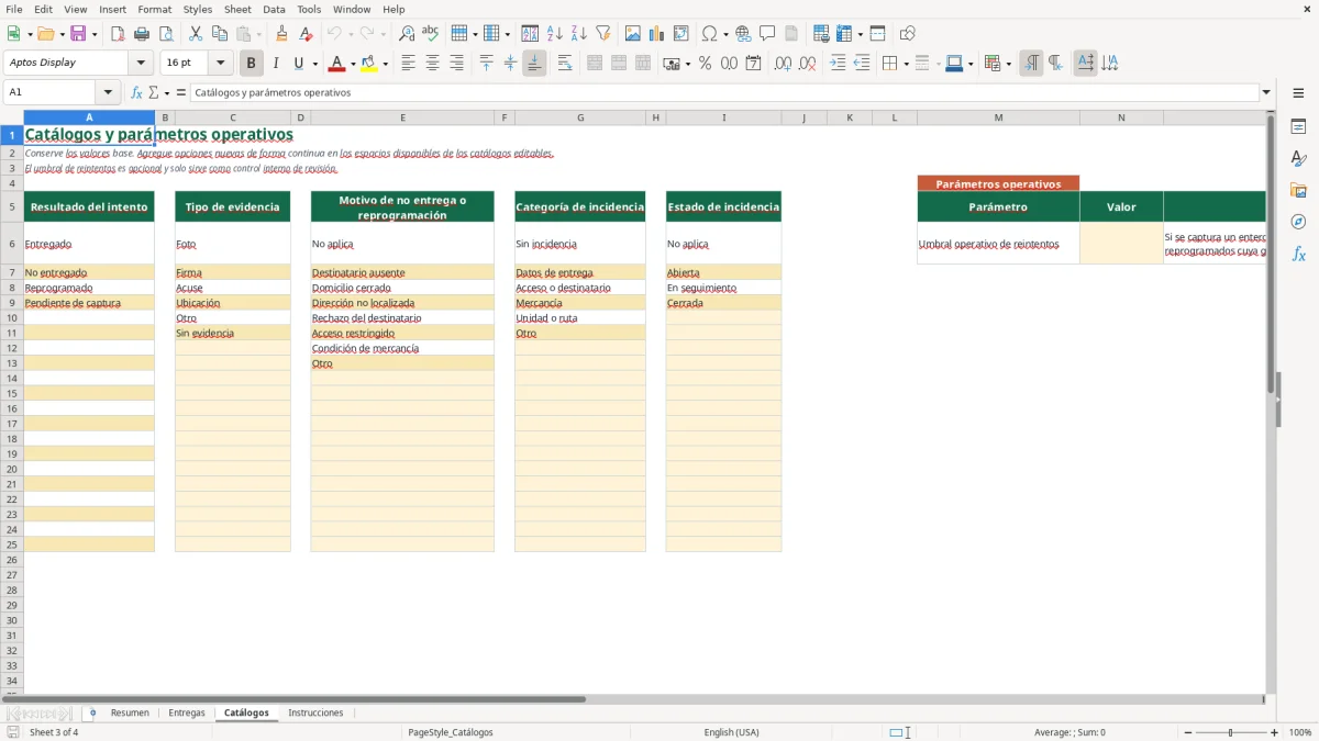 Vista previa de la hoja Catálogos del archivo Cierre de entregas en Excel Gratis 2026
