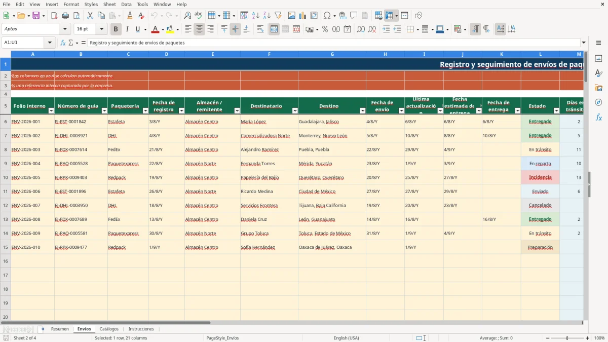 Vista previa de la hoja Envíos del archivo Seguimiento de paquetes en Excel Gratis 2026