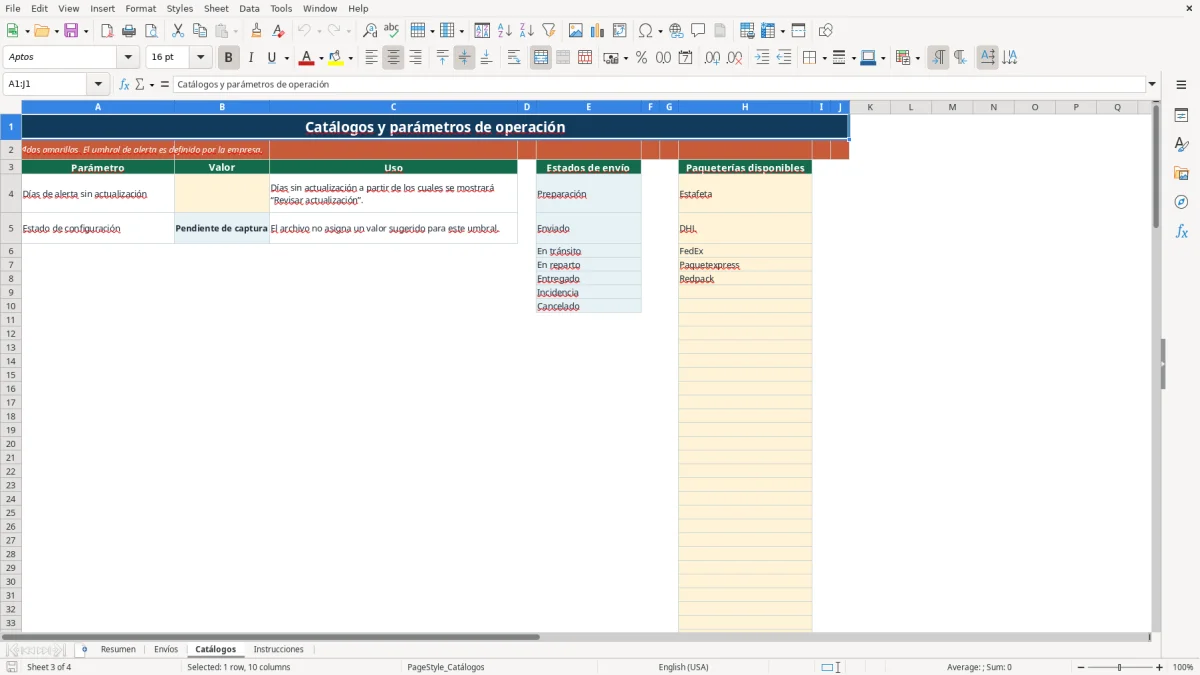Vista previa de la hoja Catálogos del archivo Seguimiento de paquetes en Excel Gratis 2026