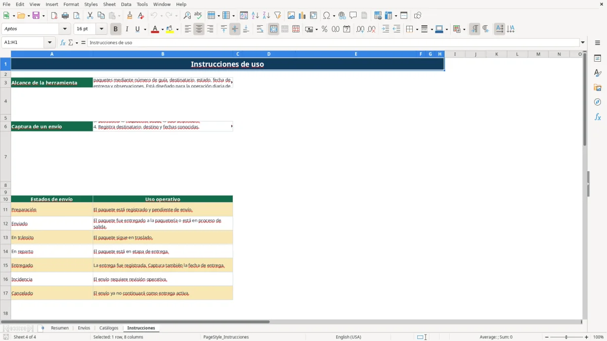 Vista previa de la hoja Instrucciones del archivo Seguimiento de paquetes en Excel Gratis 2026