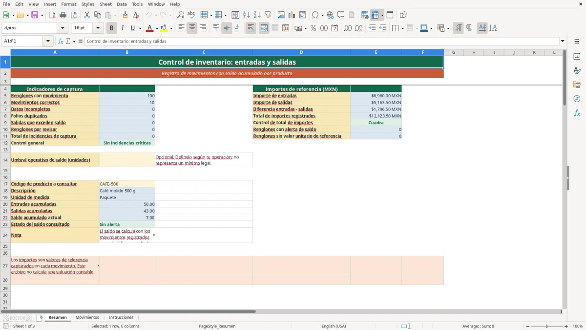 Vista previa de la hoja Resumen del archivo Control de inventario y movimientos en Excel Gratis 2026