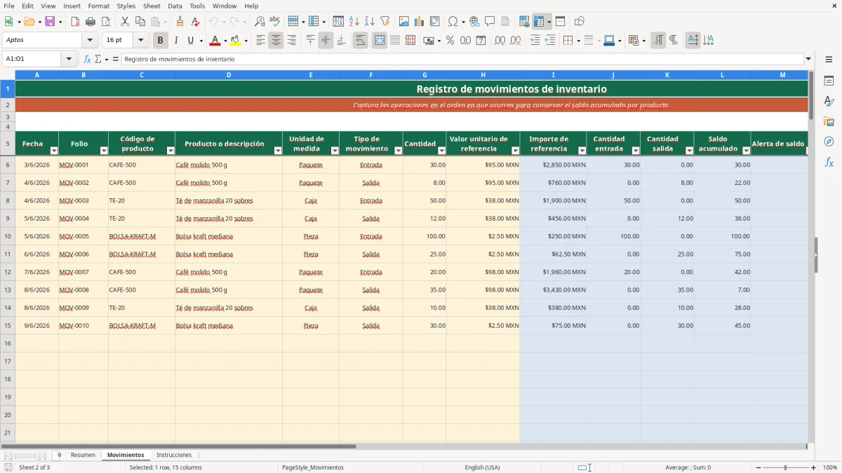 Vista previa de la hoja Movimientos del archivo Control de inventario y movimientos en Excel Gratis 2026