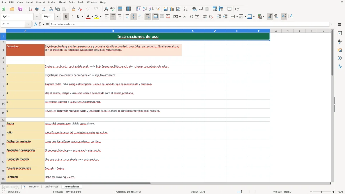 Vista previa de la hoja Instrucciones del archivo Control de inventario y movimientos en Excel Gratis 2026