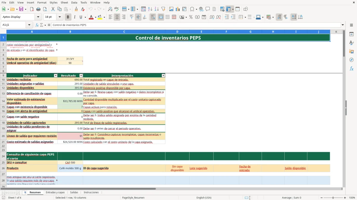 Vista previa de la hoja Resumen del archivo Rotación de inventario PEPS en Excel Gratis 2026