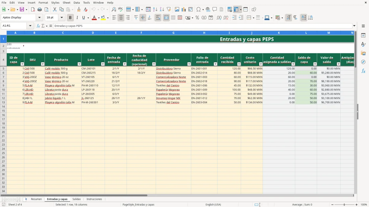 Vista previa de la hoja Entradas y capas del archivo Rotación de inventario PEPS en Excel Gratis 2026
