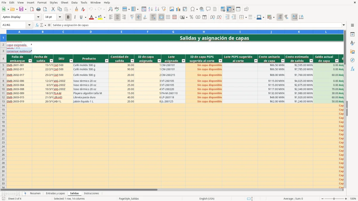 Vista previa de la hoja Salidas del archivo Rotación de inventario PEPS en Excel Gratis 2026