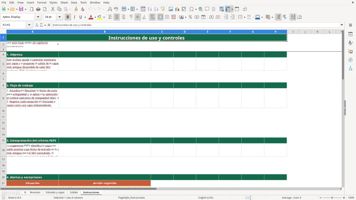 Vista previa de la hoja Instrucciones del archivo Rotación de inventario PEPS en Excel Gratis 2026