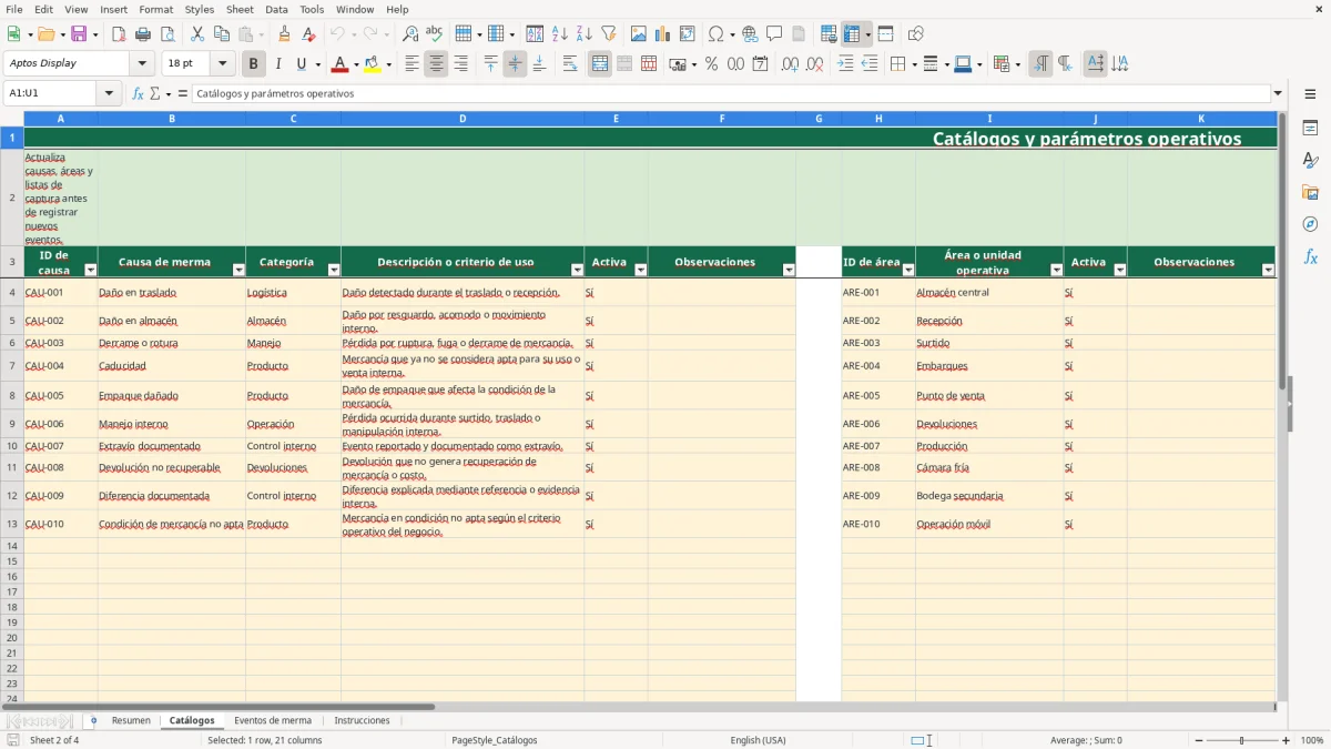 Vista previa de la hoja Catálogos del archivo Registra y valoriza mermas en Excel Gratis 2026