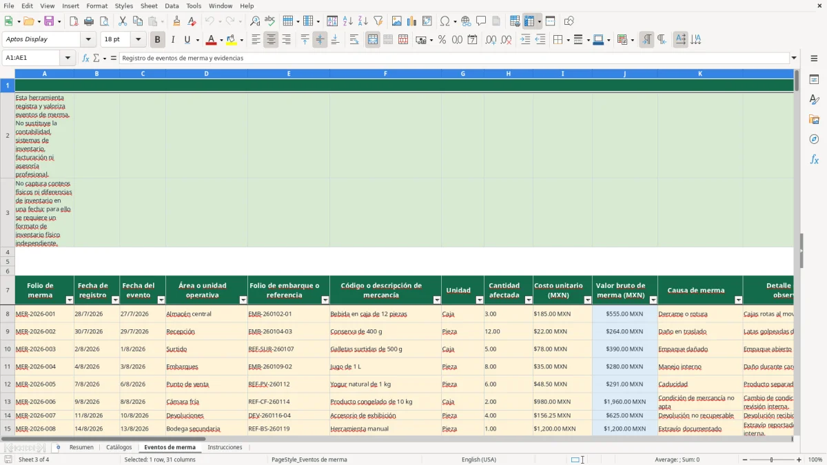 Vista previa de la hoja Eventos de merma del archivo Registra y valoriza mermas en Excel Gratis 2026