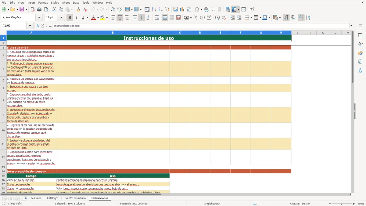 Vista previa de la hoja Instrucciones del archivo Registra y valoriza mermas en Excel Gratis 2026