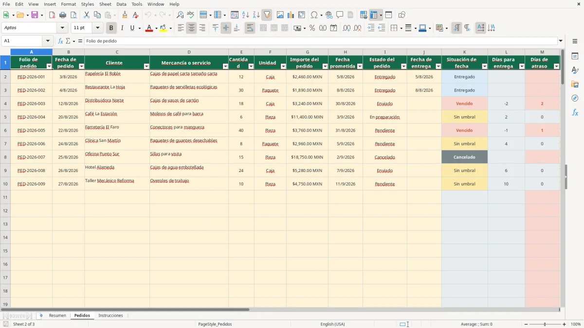 Vista previa de la hoja Pedidos del archivo Seguimiento de pedidos en Excel Gratis 2026