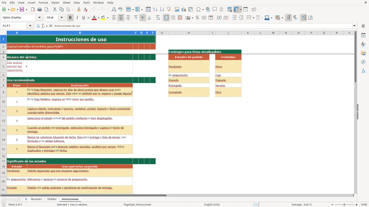 Vista previa de la hoja Instrucciones del archivo Seguimiento de pedidos en Excel Gratis 2026