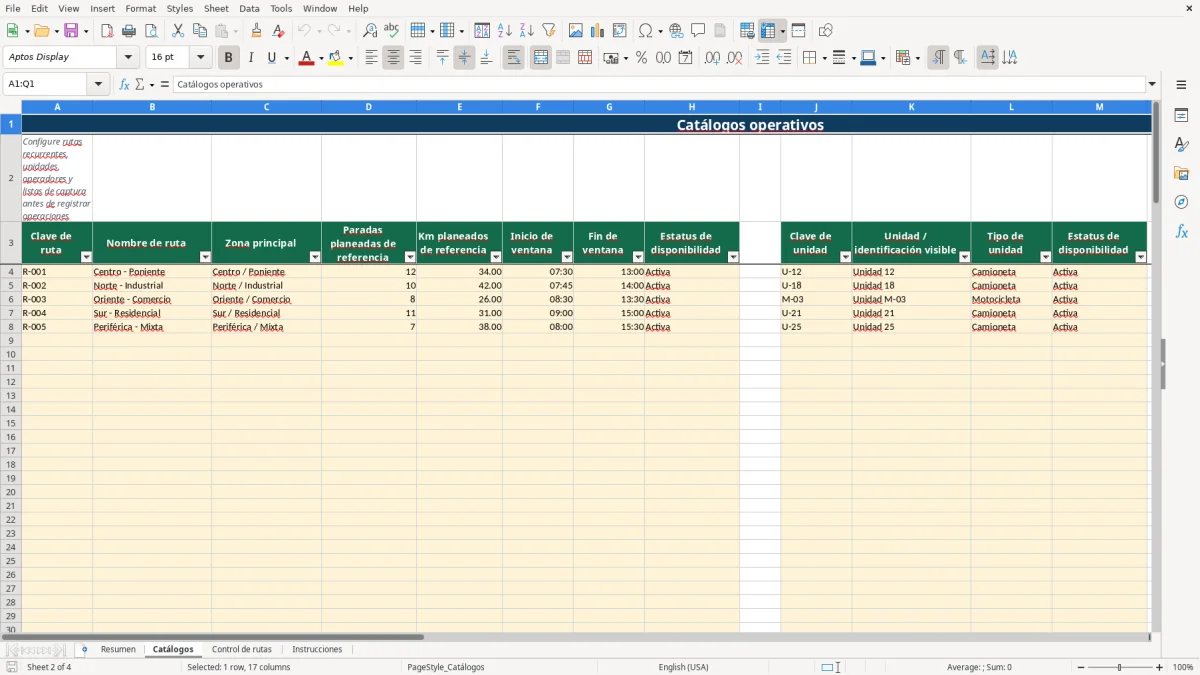 Vista previa de la hoja Catálogos del archivo Control operativo de rutas de reparto en Excel Gratis 2026