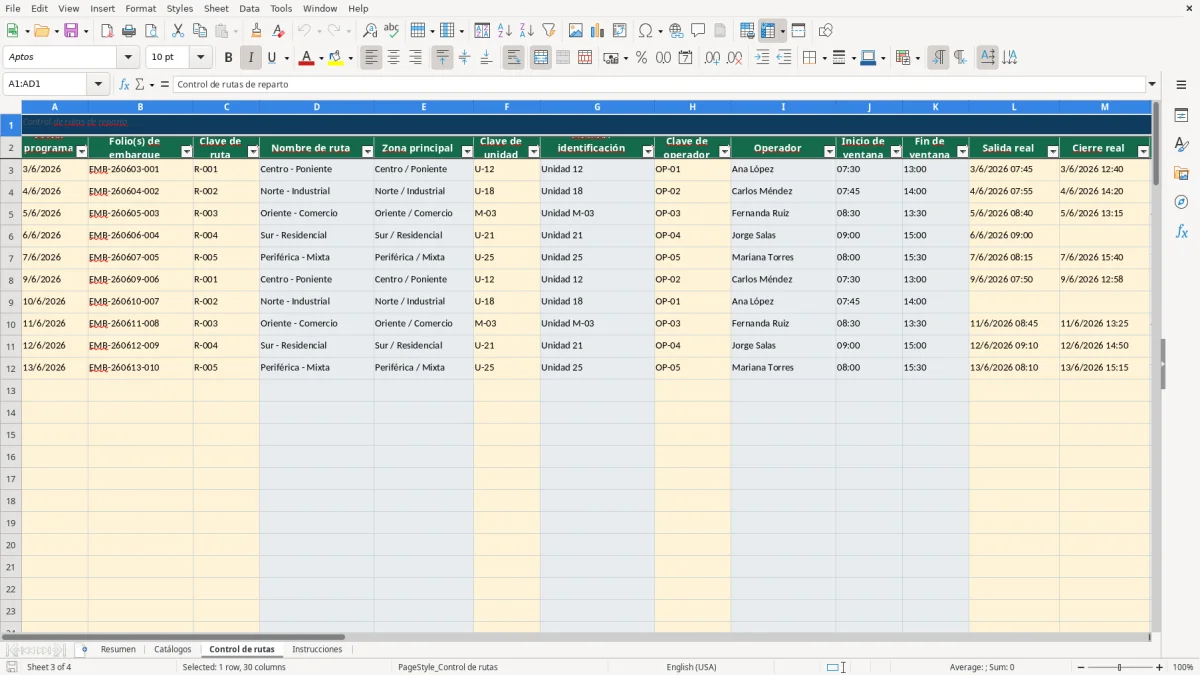 Vista previa de la hoja Control de rutas del archivo Control operativo de rutas de reparto en Excel Gratis 2026
