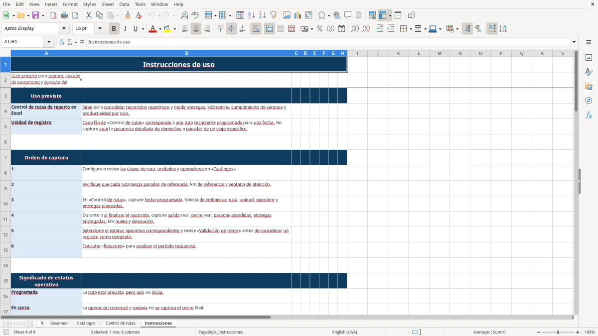 Vista previa de la hoja Instrucciones del archivo Control operativo de rutas de reparto en Excel Gratis 2026