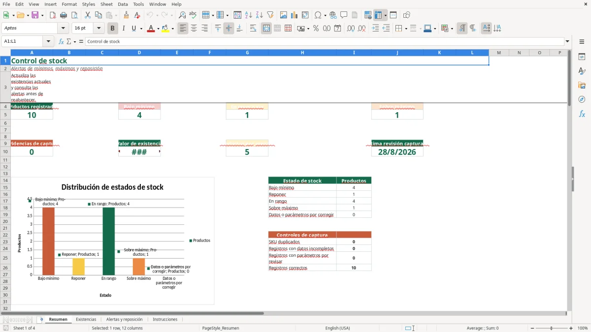 Vista previa de la hoja Resumen del archivo Control de stock y reposición en Excel Gratis 2026