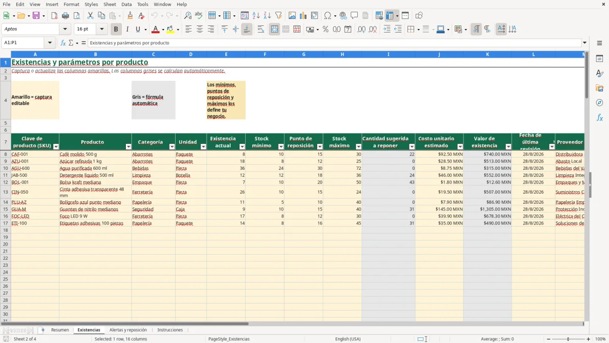Vista previa de la hoja Existencias del archivo Control de stock y reposición en Excel Gratis 2026