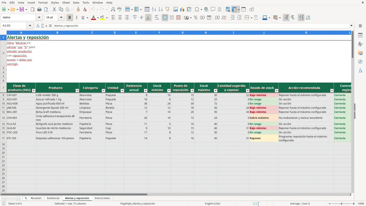 Vista previa de la hoja Alertas y reposición del archivo Control de stock y reposición en Excel Gratis 2026