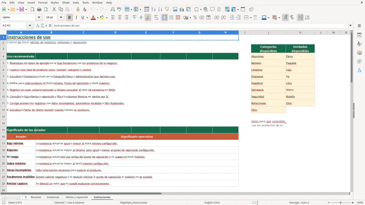 Vista previa de la hoja Instrucciones del archivo Control de stock y reposición en Excel Gratis 2026