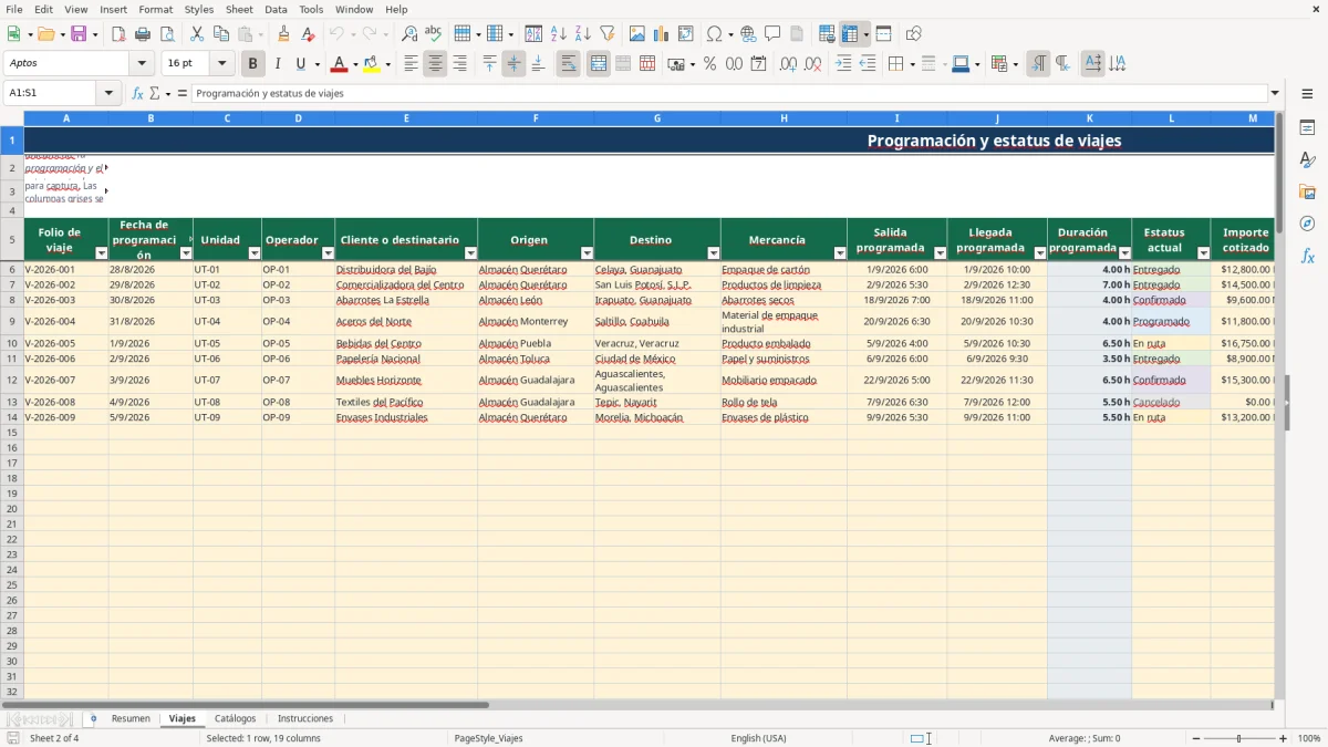 Vista previa de la hoja Viajes del archivo Programa y consulta viajes de camiones en Excel Gratis 2026