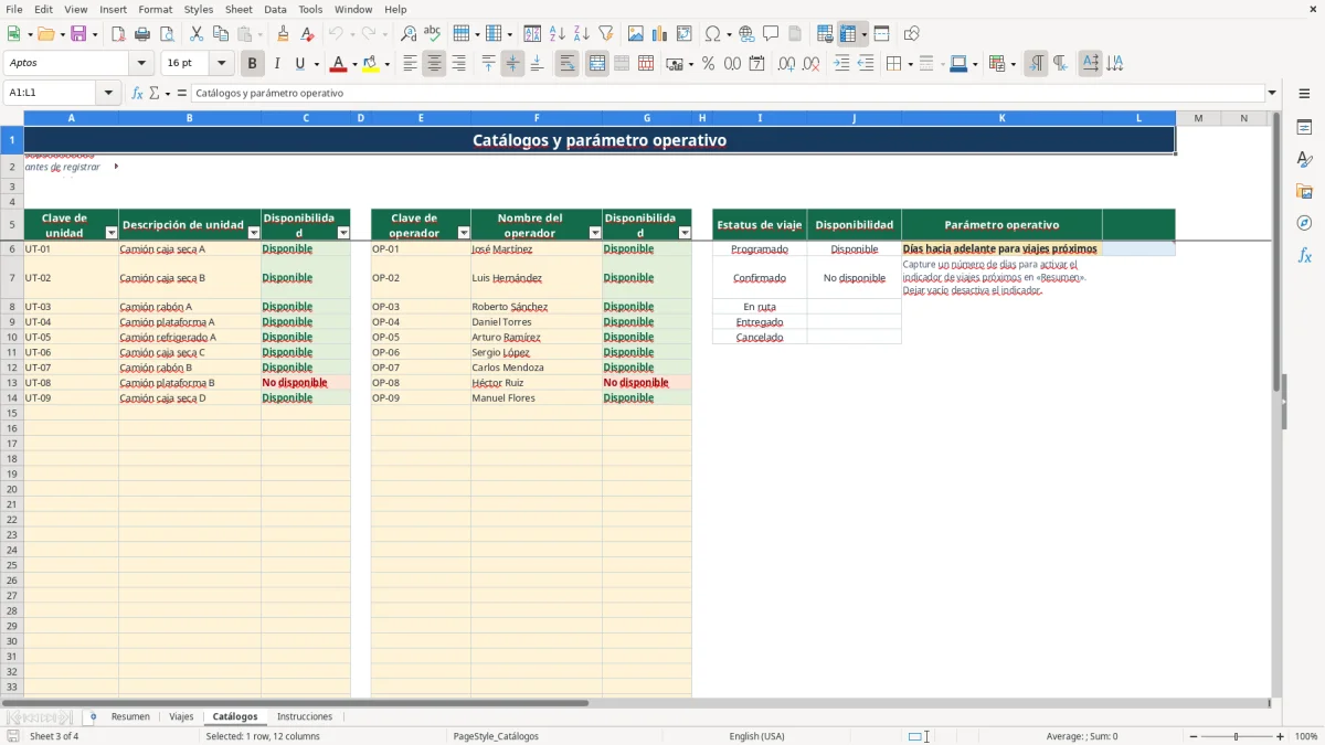Vista previa de la hoja Catálogos del archivo Programa y consulta viajes de camiones en Excel Gratis 2026