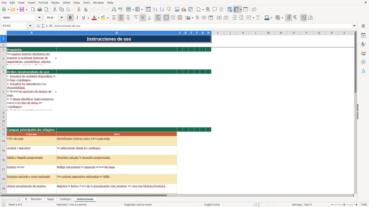 Vista previa de la hoja Instrucciones del archivo Programa y consulta viajes de camiones en Excel Gratis 2026