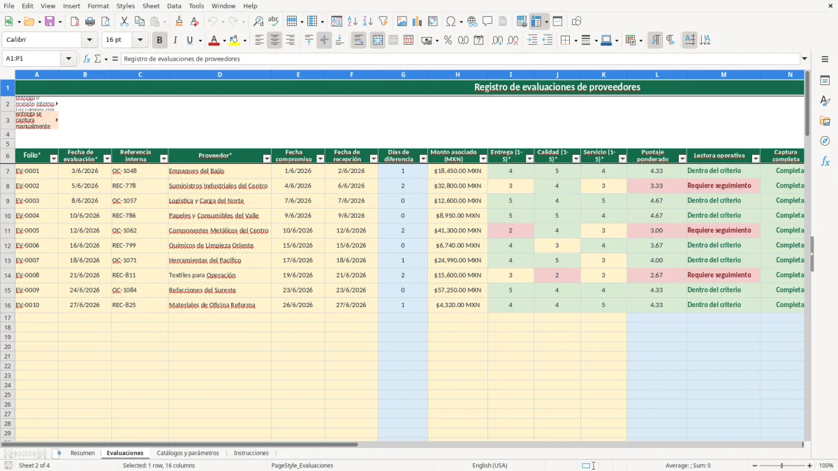Vista previa de la hoja Evaluaciones del archivo Controla evaluaciones de proveedores en Excel Gratis 2026