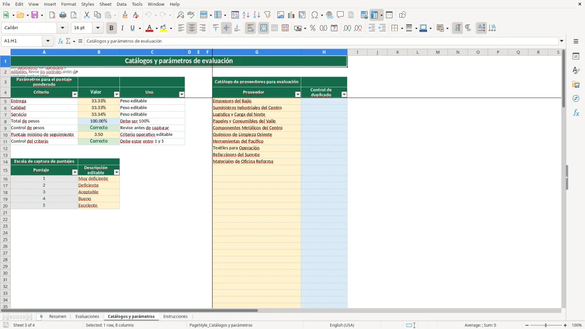 Vista previa de la hoja Catálogos y parámetros del archivo Controla evaluaciones de proveedores en Excel Gratis 2026
