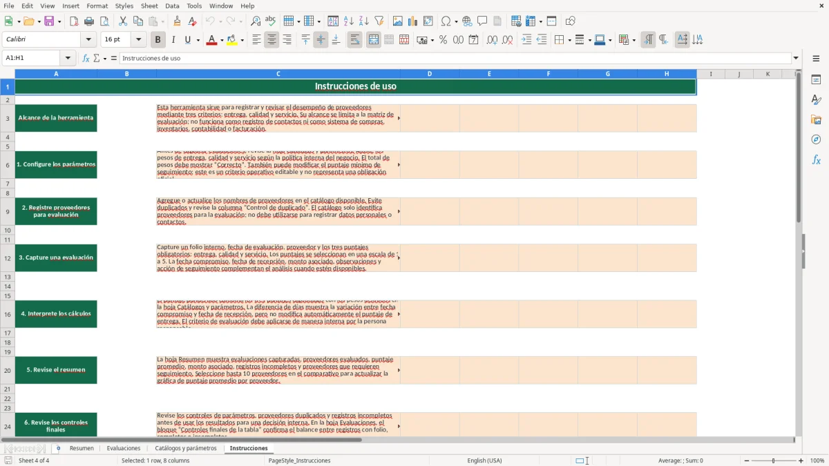 Vista previa de la hoja Instrucciones del archivo Controla evaluaciones de proveedores en Excel Gratis 2026