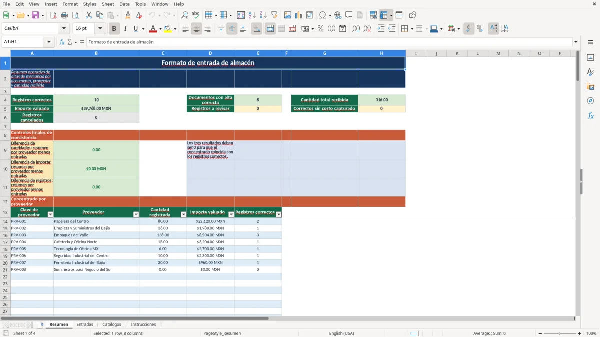 Vista previa de la hoja Resumen del archivo Registro de entradas de almacén en Excel Gratis en 2026
