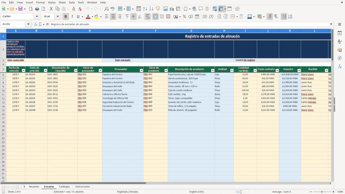 Vista previa de la hoja Entradas del archivo Registro de entradas de almacén en Excel Gratis en 2026