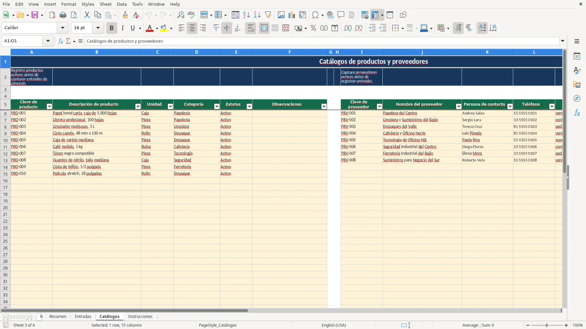 Vista previa de la hoja Catálogos del archivo Registro de entradas de almacén en Excel Gratis en 2026