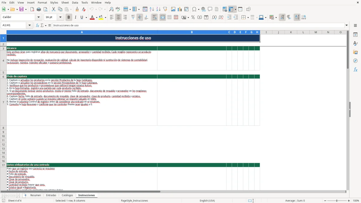 Vista previa de la hoja Instrucciones del archivo Registro de entradas de almacén en Excel Gratis en 2026