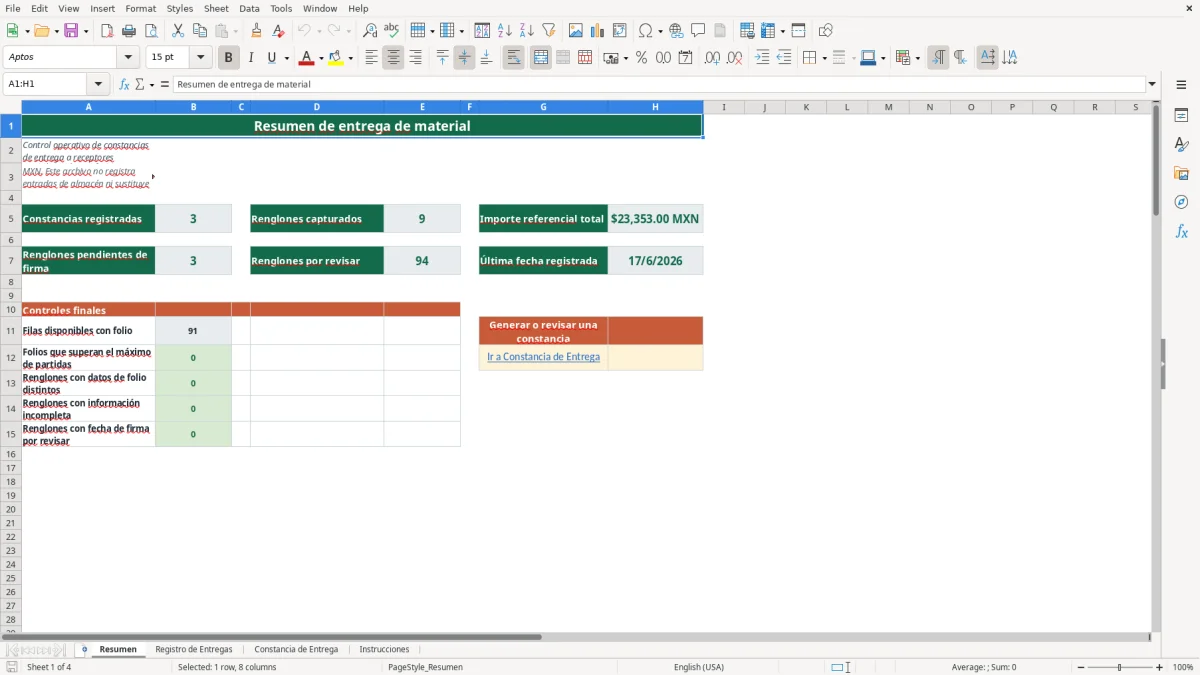 Vista previa de la hoja Resumen del archivo Controla entregas de material en Excel Gratis 2026