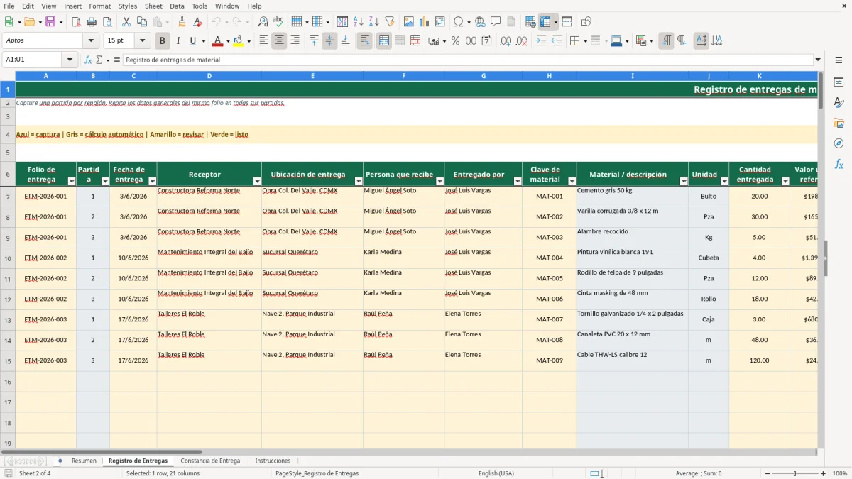 Vista previa de la hoja Registro de Entregas del archivo Controla entregas de material en Excel Gratis 2026