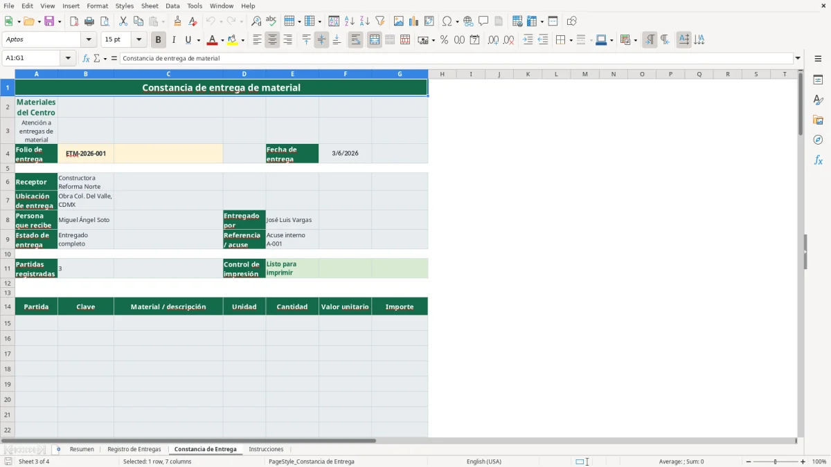 Vista previa de la hoja Constancia de Entrega del archivo Controla entregas de material en Excel Gratis 2026