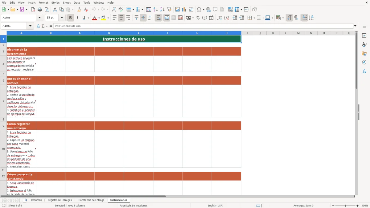 Vista previa de la hoja Instrucciones del archivo Controla entregas de material en Excel Gratis 2026