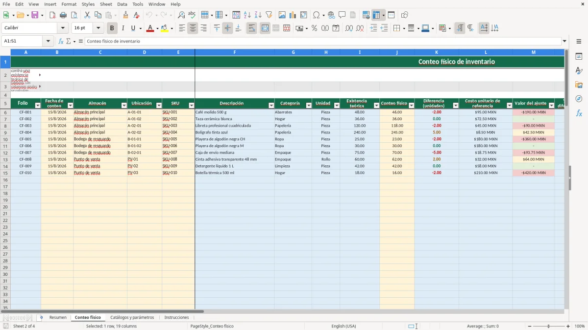 Vista previa de la hoja Conteo físico del archivo Conteo de inventario en Excel Gratis 2026