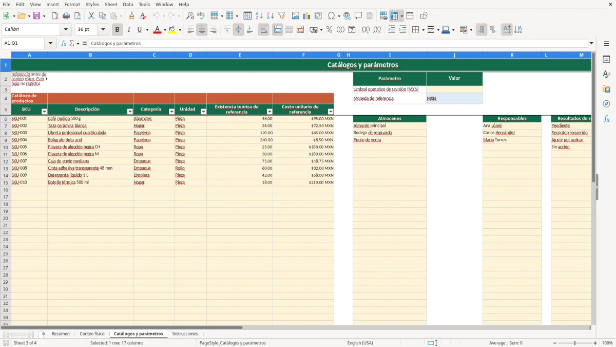 Vista previa de la hoja Catálogos y parámetros del archivo Conteo de inventario en Excel Gratis 2026