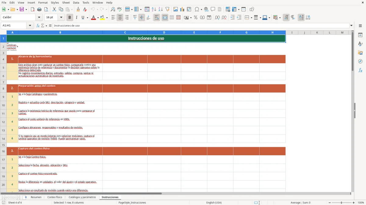 Vista previa de la hoja Instrucciones del archivo Conteo de inventario en Excel Gratis 2026