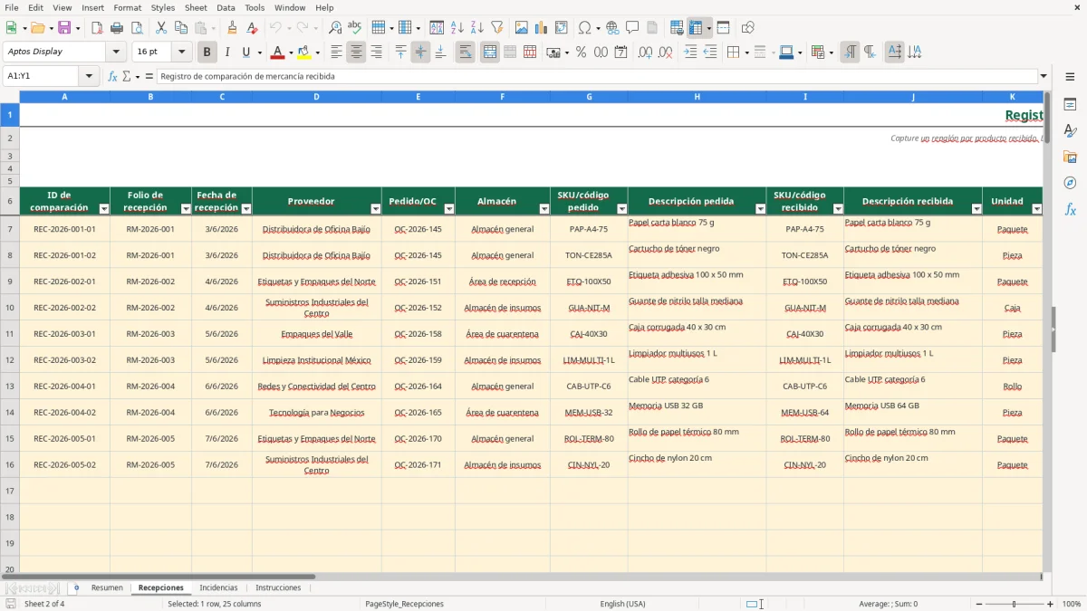 Vista previa de la hoja Recepciones del archivo Controla recepciones de mercancías en Excel Gratis 2026